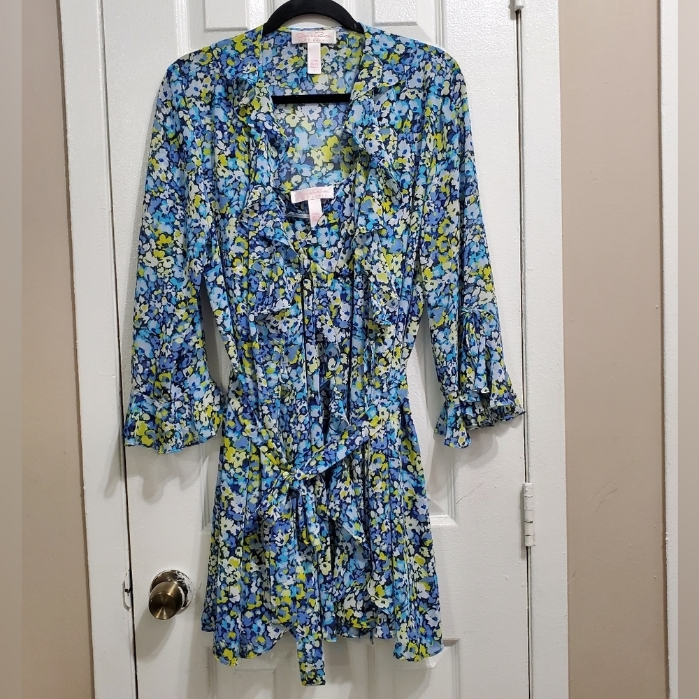 Women's Oscar de la‎ Renta Floral baby doll nightie and robe setL Blue